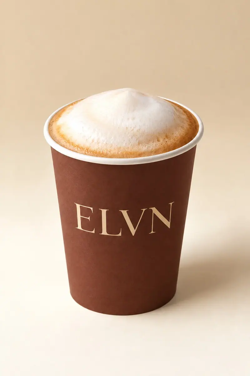 ELVN cappuccino in a brown branded cup