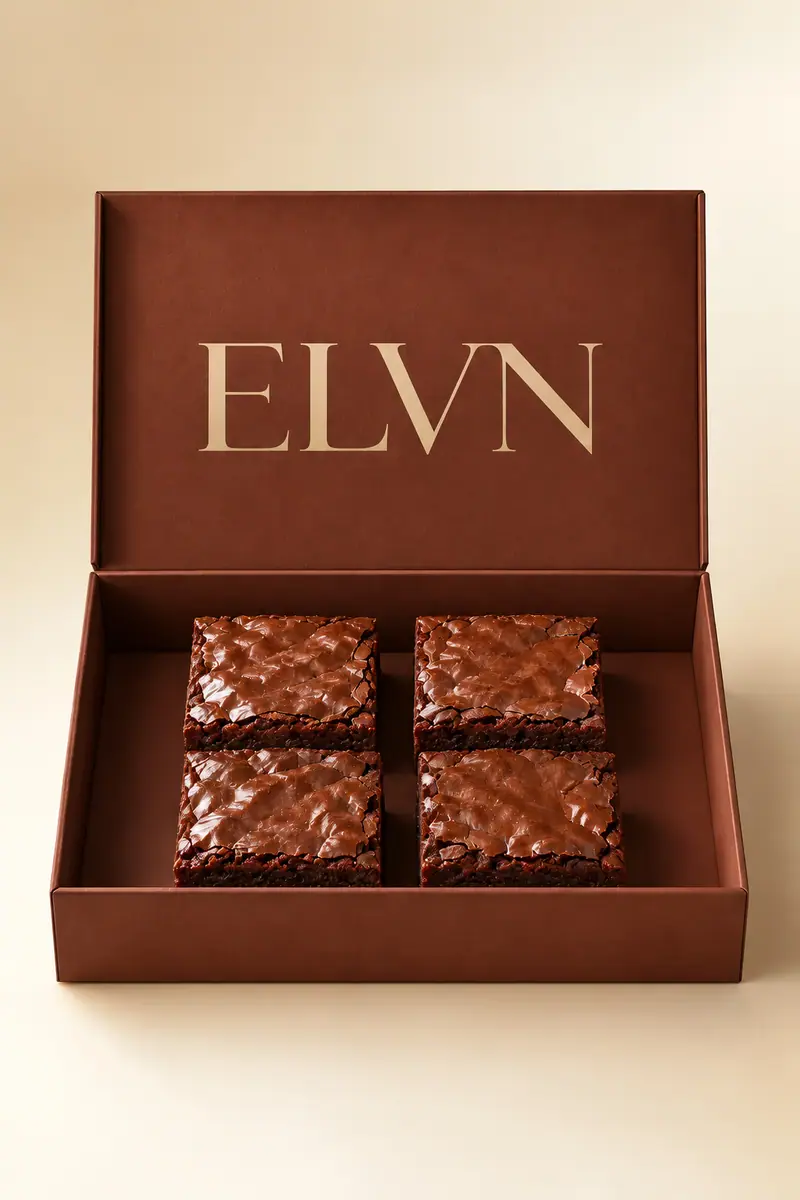 ELVN brownies in a brown gift box